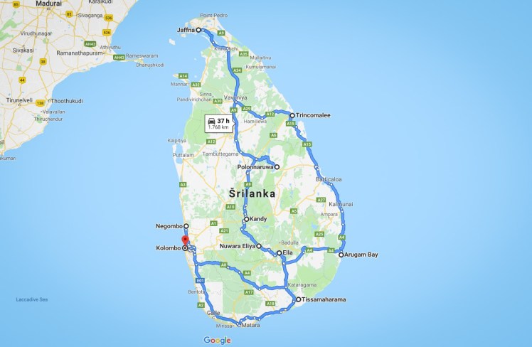 sri lanka itinerary map